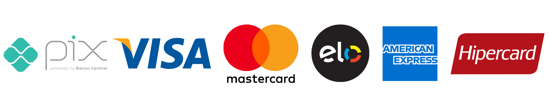 Formas de pagamento aceitas: Pix, Visa, Mastercard, Elo, American Express e Hipercard